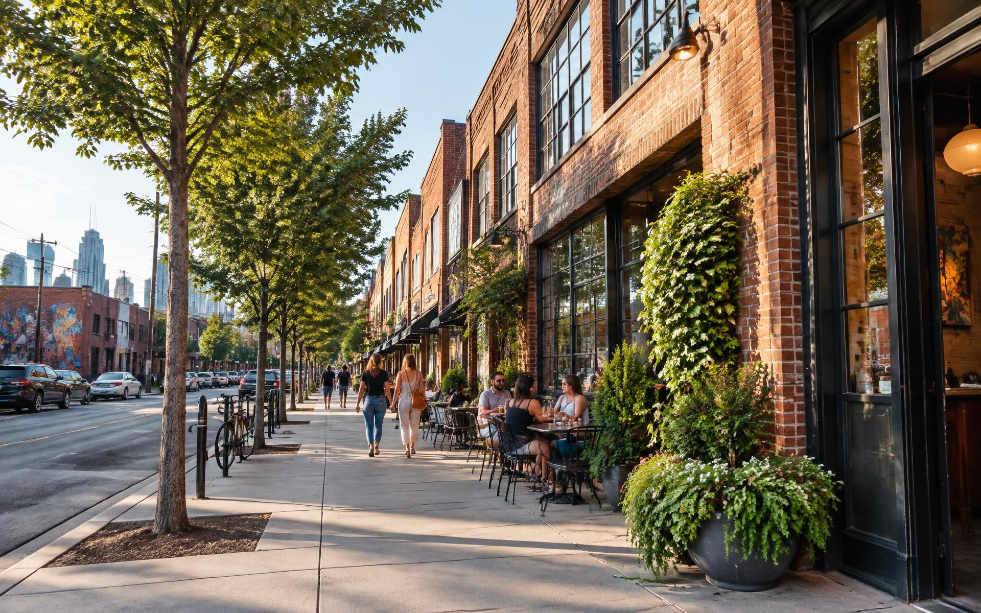 North Davidson Street in NoDa, Charlotte, with brick storefronts and sidewalk activity
